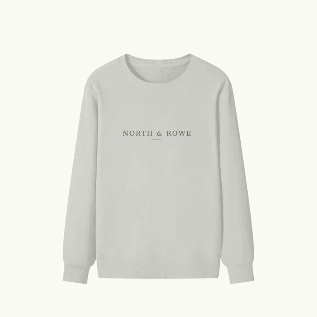 North & Rowe unisex light grey cotton sweatshirt with a round neck and relaxed drop-shoulder fit.