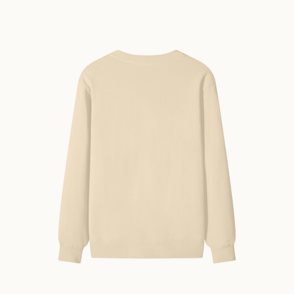 North & Rowe unisex beige cotton sweatshirt with a round neck and long sleeves, shown from the back.