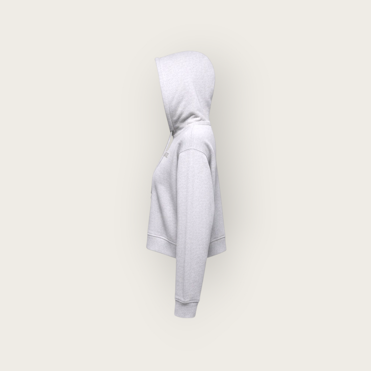 North & Rowe grey cropped pullover hoodie with a structured hood and ribbed cuffs, shown from a side profile view.