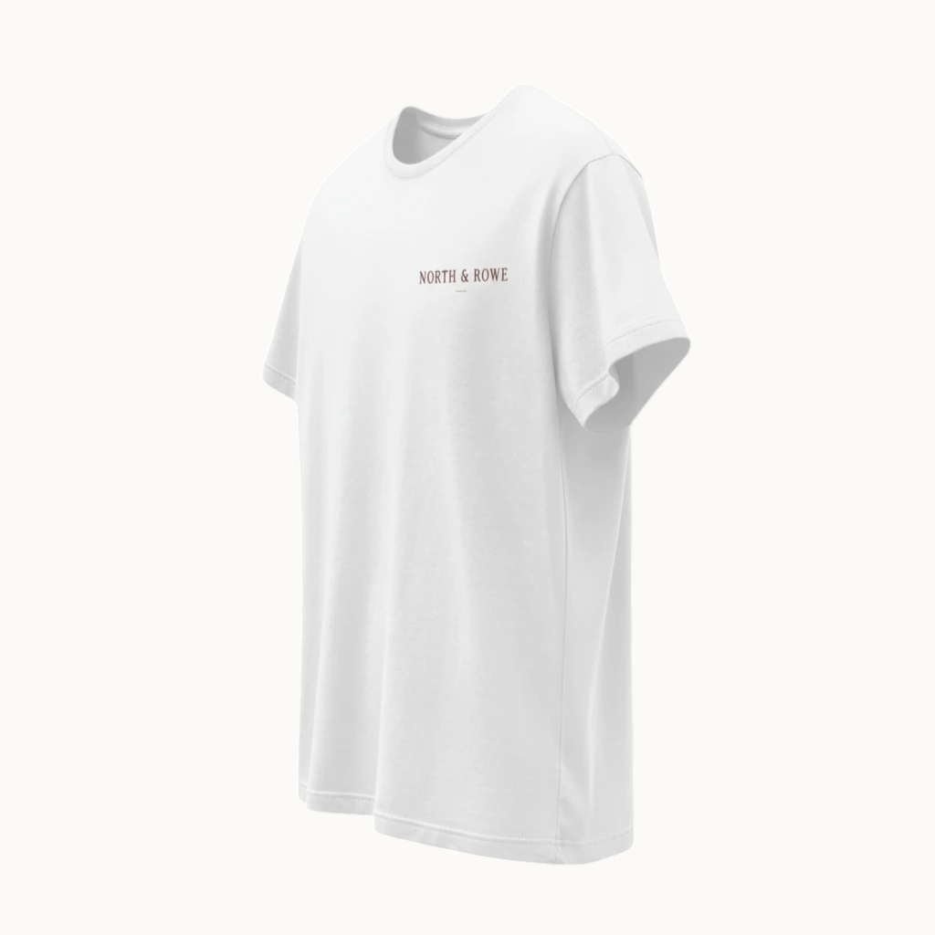 North & Rowe white crewneck t-shirt in premium American cotton with a minimalist logo on the chest