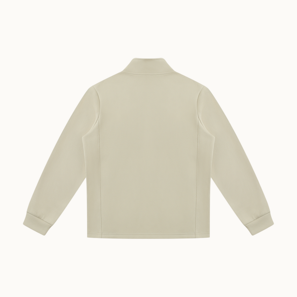 Back view of a beige North & Rowe unisex full zip performance track jacket with a stand collar and long sleeves.