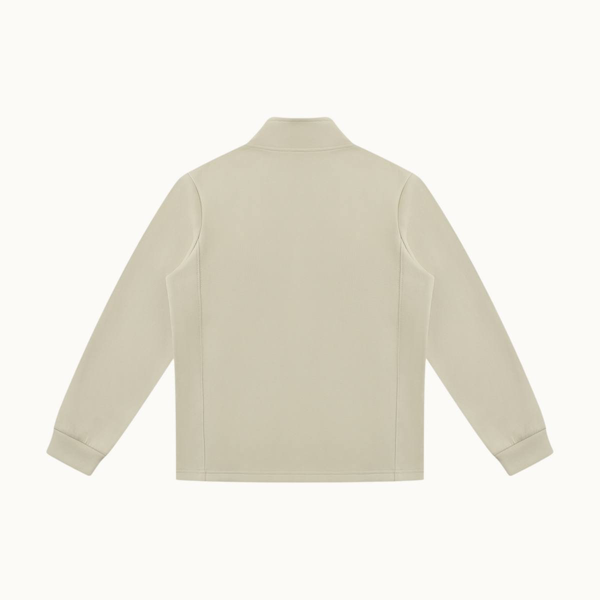 Back view of a beige North & Rowe unisex full zip performance track jacket with a stand collar and long sleeves.