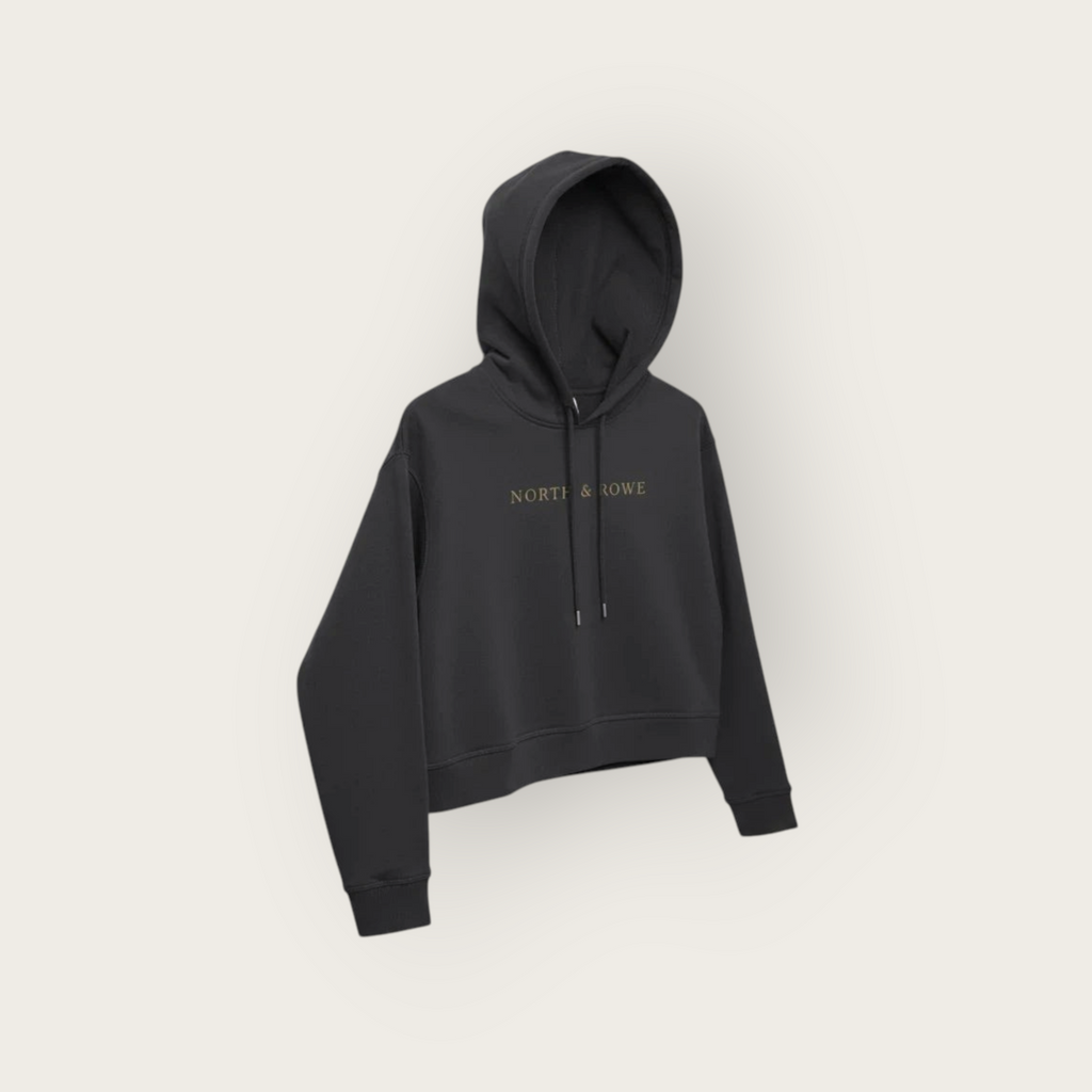 North & Rowe black cropped pullover hoodie with adjustable drawstrings and minimalist chest branding