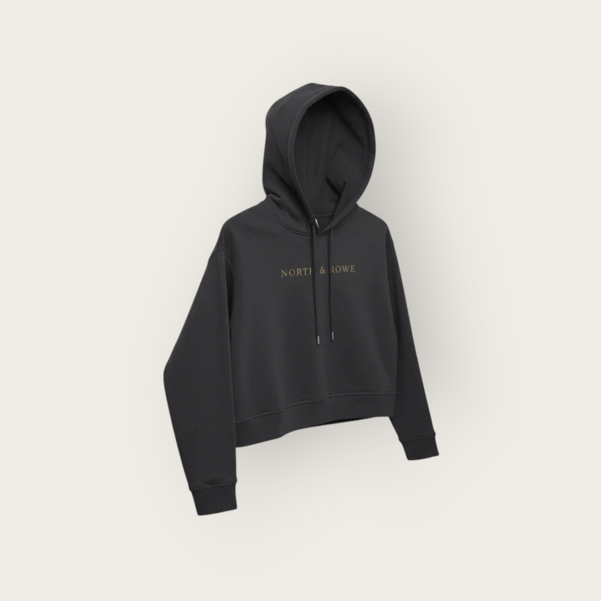North & Rowe black cropped pullover hoodie with adjustable drawstrings and minimalist chest branding