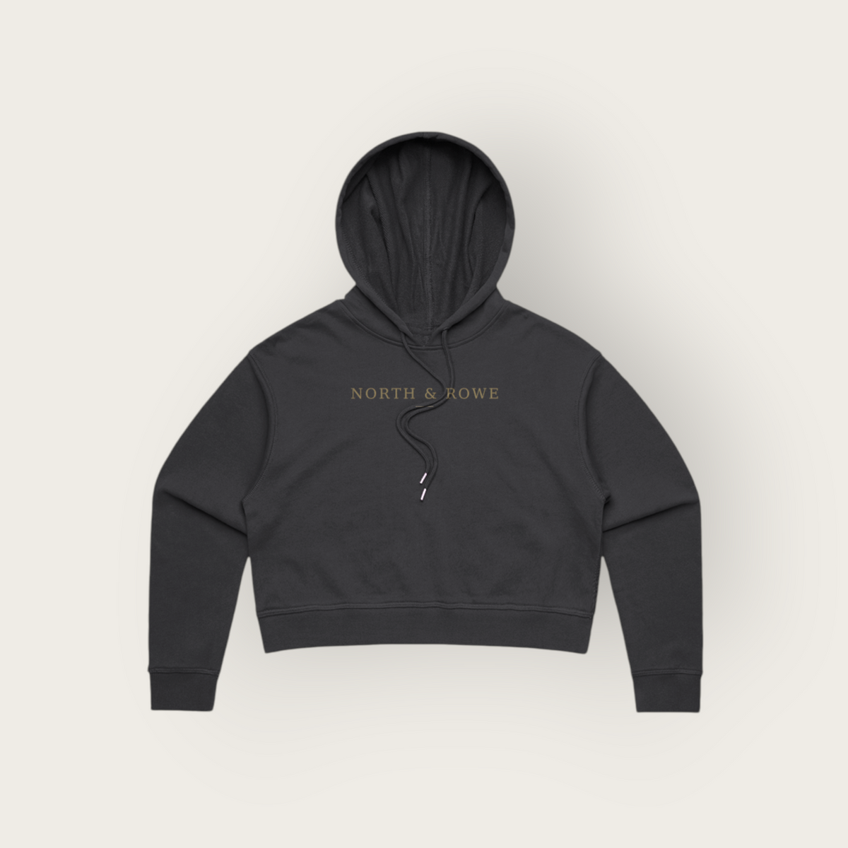 North & Rowe black cropped pullover hoodie with adjustable drawstrings and minimalist chest branding