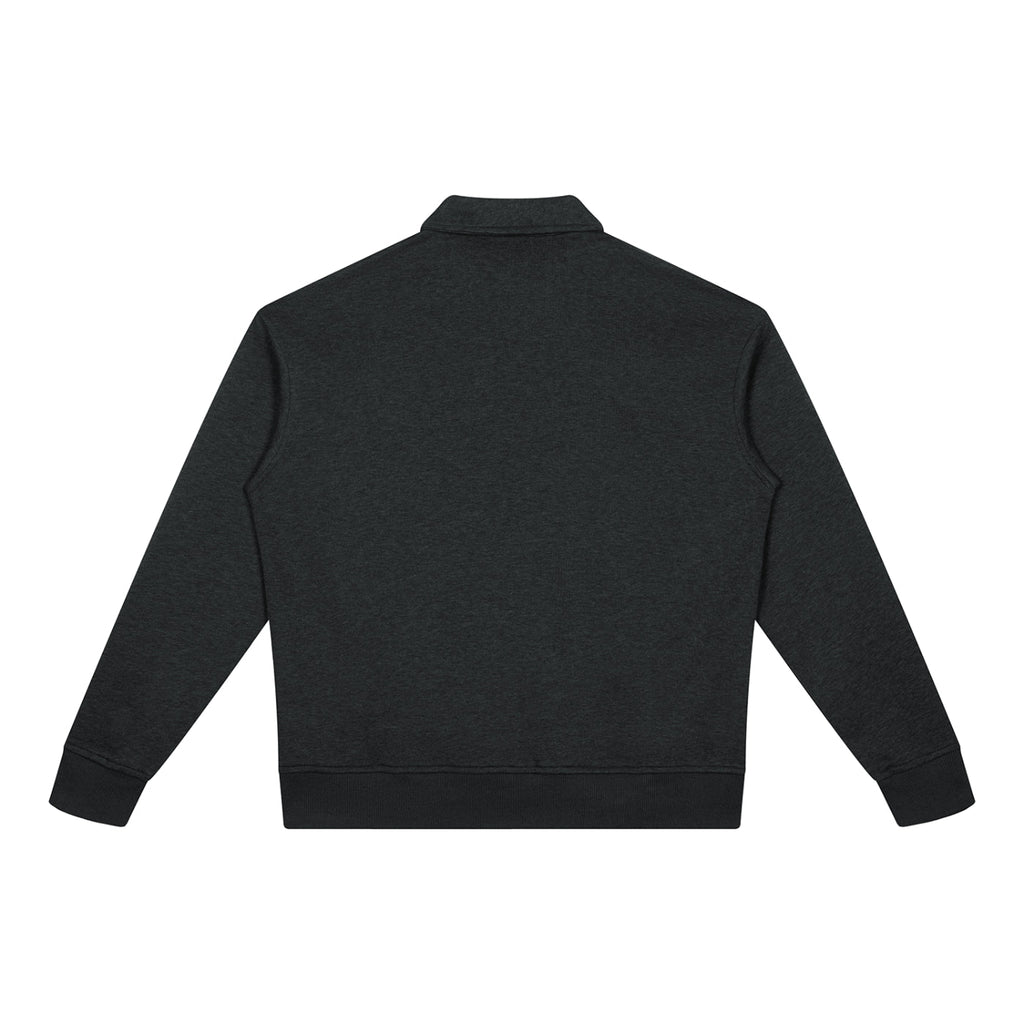 Back view of North & Rowe charcoal heather unisex boxy quarter-zip sweatshirt with ribbed cuffs and hem.