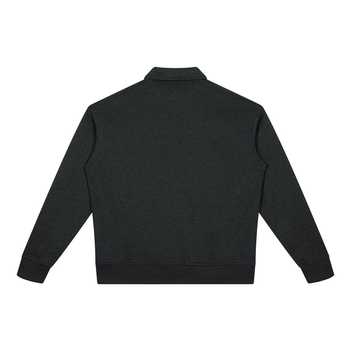 Back view of North & Rowe charcoal heather unisex boxy quarter-zip sweatshirt with ribbed cuffs and hem.