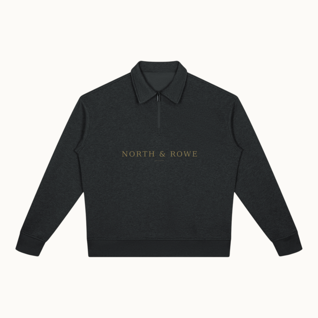 North & Rowe charcoal heather quarter-zip sweatshirt with a boxy fit and ribbed cuffs in a minimalist style.