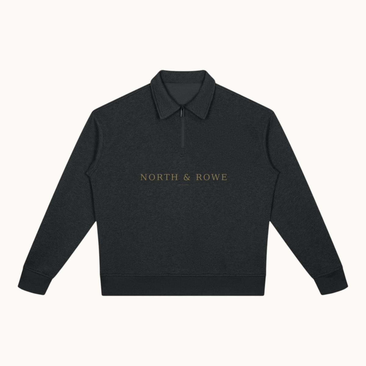 North & Rowe charcoal heather quarter-zip sweatshirt with a boxy fit and ribbed cuffs in a minimalist style.