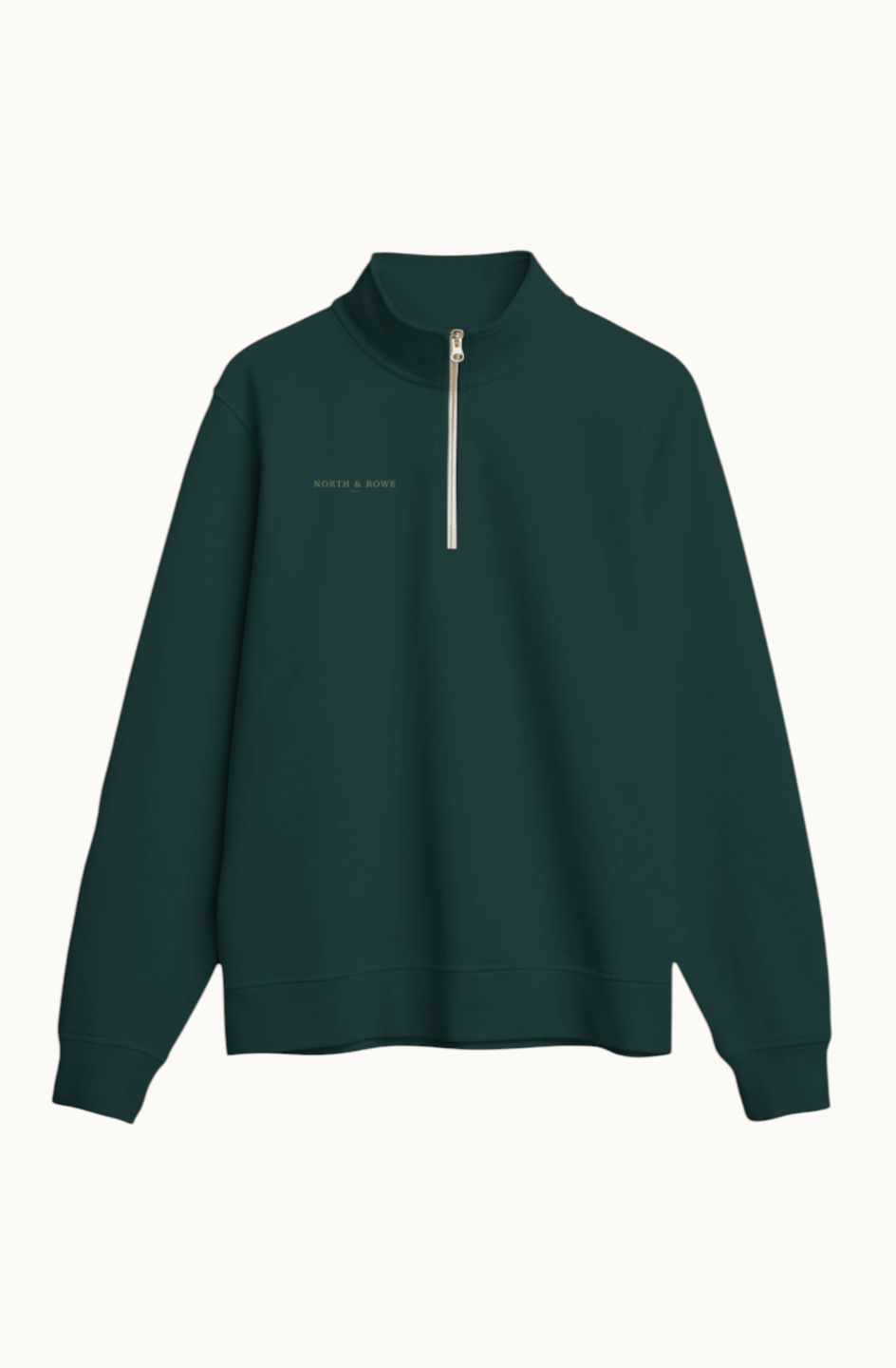 North & Rowe dark green organic cotton French terry quarter zip sweatshirt with a metallic zipper and ribbed hem.