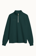 North & Rowe dark green organic cotton French terry quarter zip sweatshirt with a metallic zipper and ribbed hem.