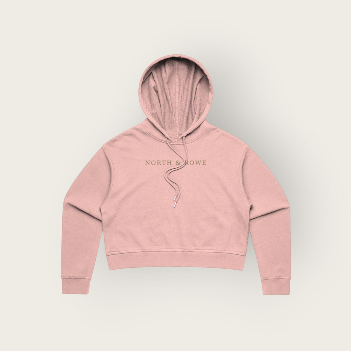 North & Rowe dusty rose cropped pullover hoodie with adjustable drawstring hood and ribbed cuffs.