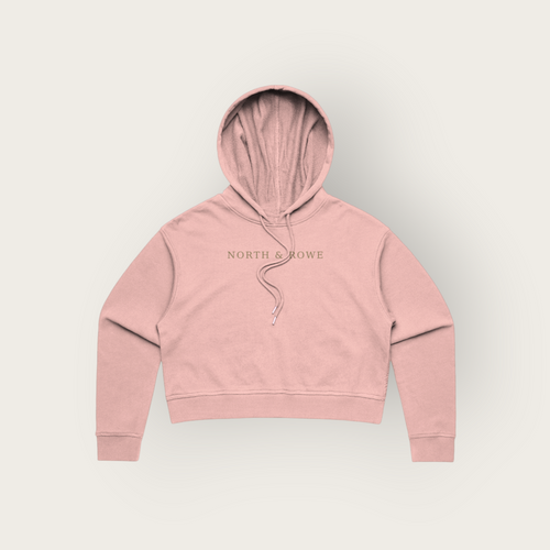 North & Rowe dusty rose cropped pullover hoodie with adjustable drawstring hood and ribbed cuffs.