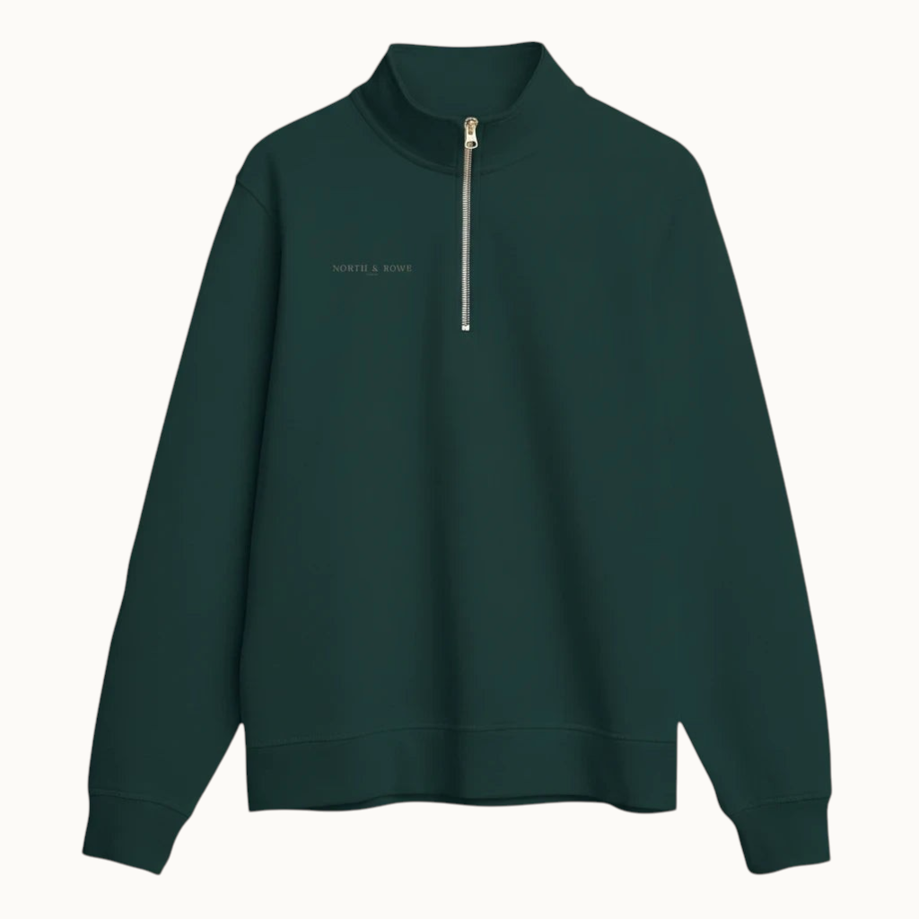 North & Rowe dark green organic cotton quarter zip sweatshirt with metallic zipper and minimalist chest logo