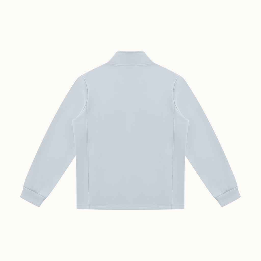 North & Rowe light blue unisex full zip performance track jacket with a stand collar, shown from the back view.