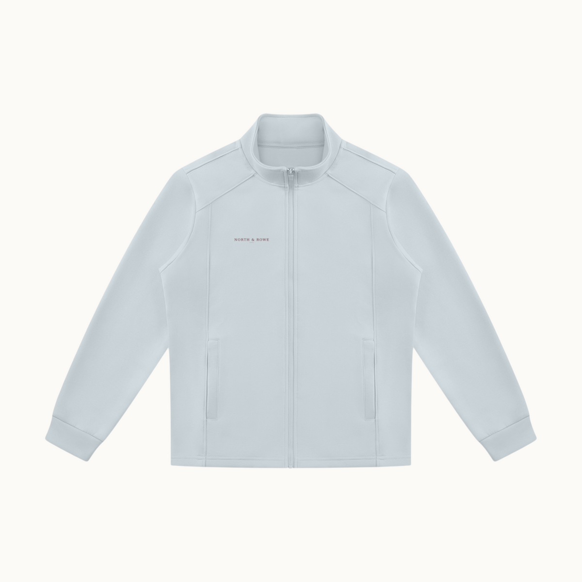 North & Rowe unisex light grey performance track jacket with a stand collar, full-zip front, and side pockets.