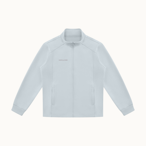 North & Rowe unisex light grey performance track jacket with a stand collar, full-zip front, and side pockets.