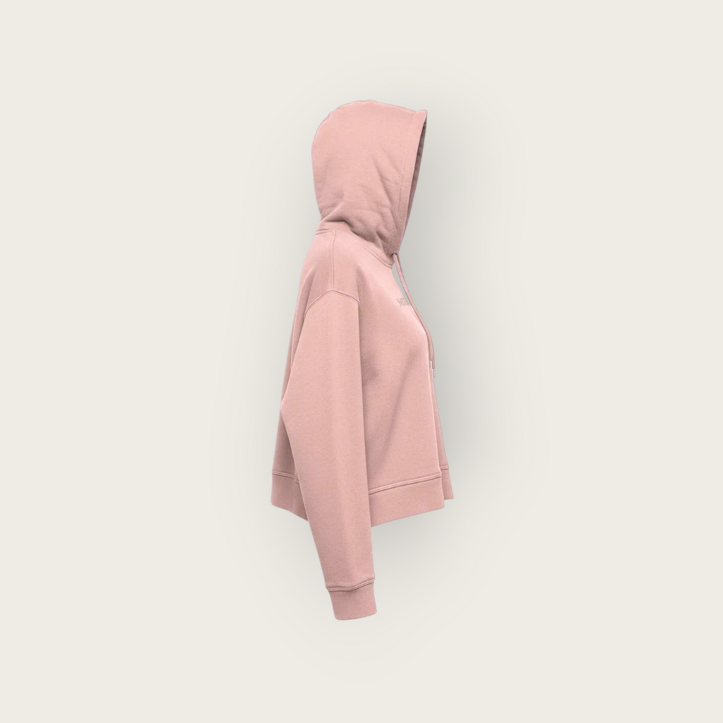 North & Rowe mauve cropped pullover hoodie with a structured hood, adjustable drawstrings, and ribbed cuffs.