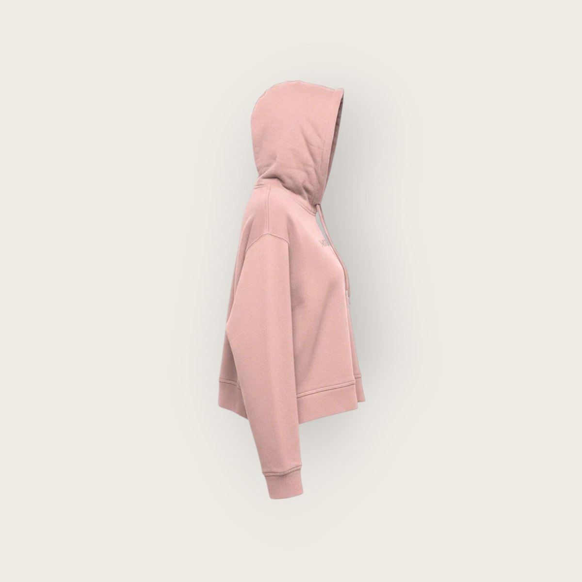 North & Rowe mauve cropped pullover hoodie with a structured hood, adjustable drawstrings, and ribbed cuffs.