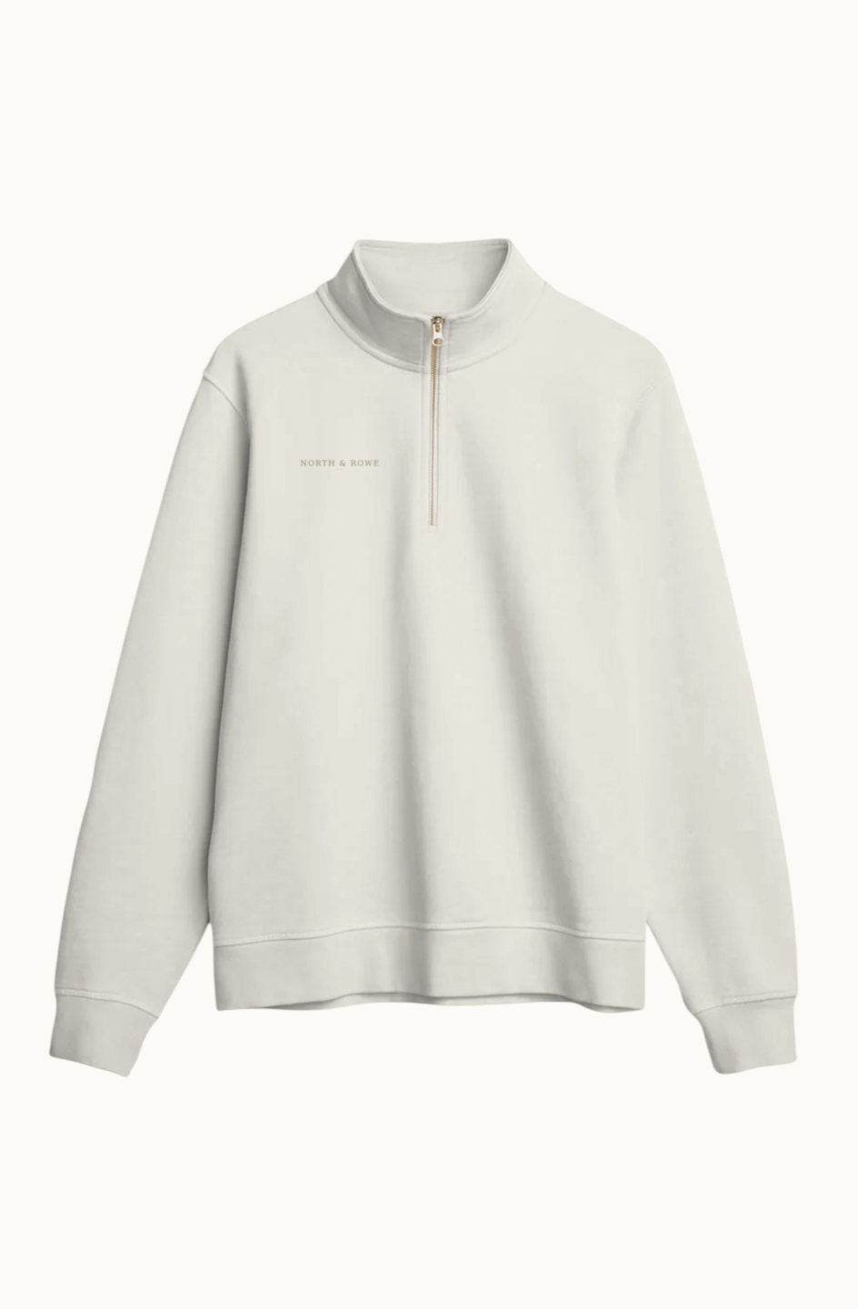 North & Rowe heavy organic cotton French terry quarter zip pullover in off-white with a metallic zipper