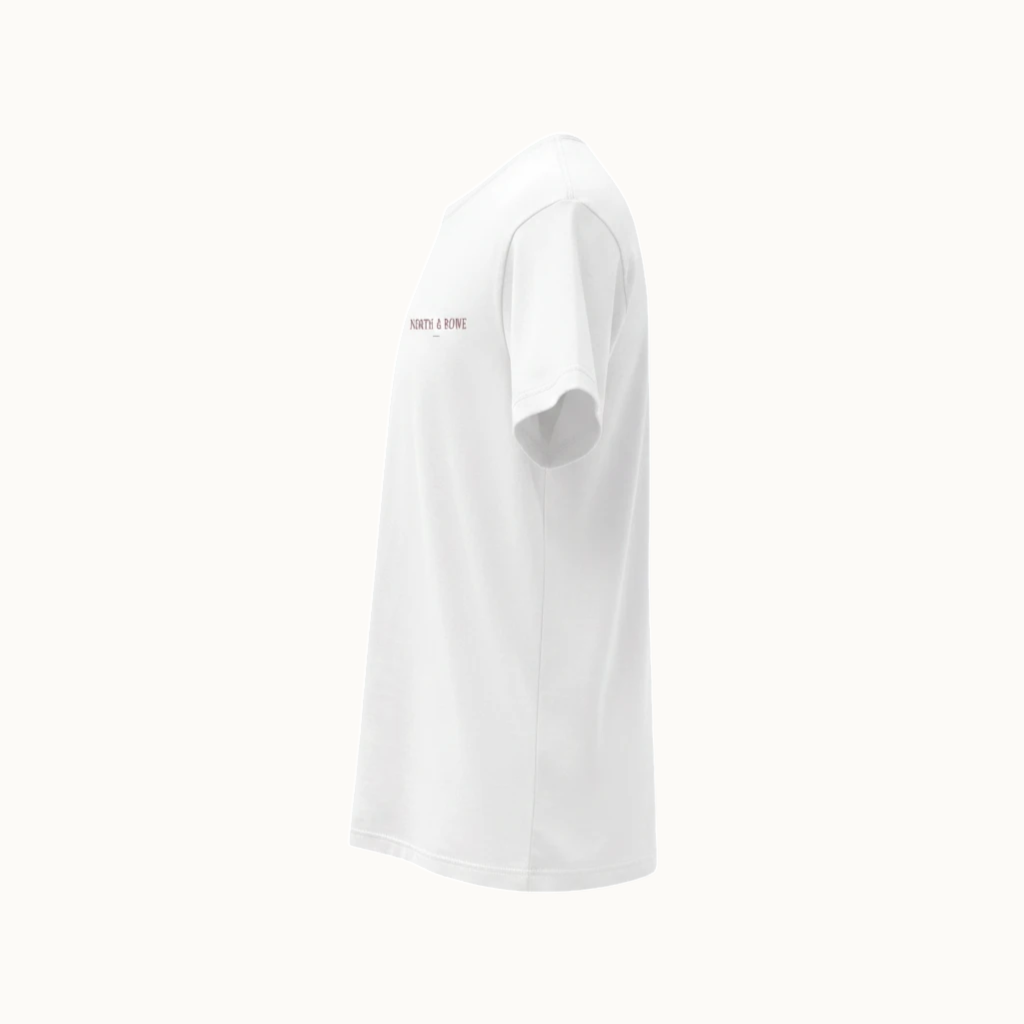 North & Rowe white crewneck t-shirt in premium American cotton with a minimalist chest logo, side view