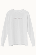 North & Rowe white long sleeve crewneck shirt with minimalist logo print on the chest and ribbed cuffs