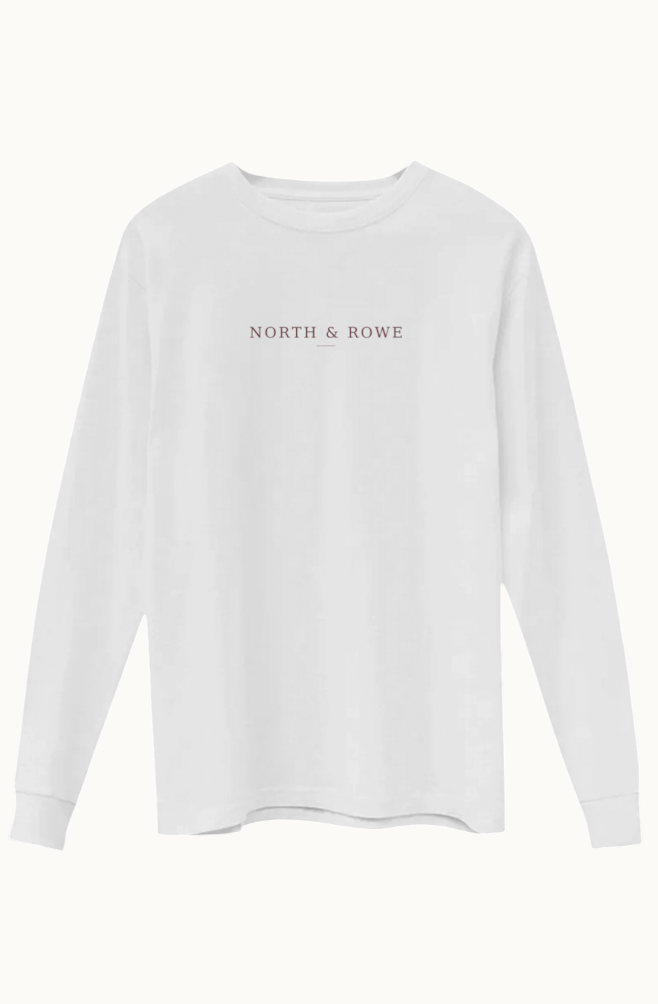 North & Rowe white long sleeve crewneck shirt with minimalist logo print on the chest and ribbed cuffs