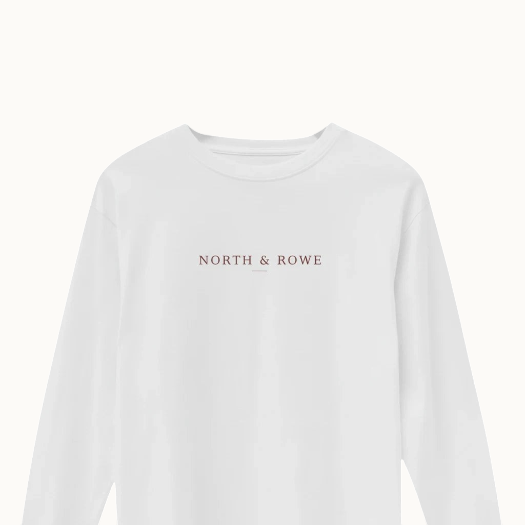 North & Rowe white long sleeve crewneck shirt with minimalist logo printed on the chest