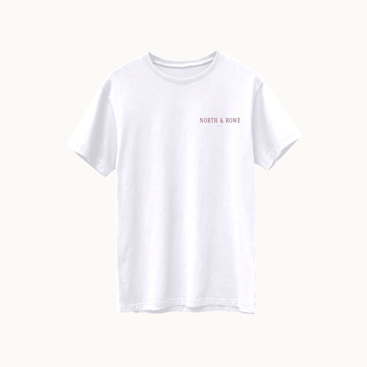 North & Rowe white Supima cotton t-shirt with small chest logo on a dark background