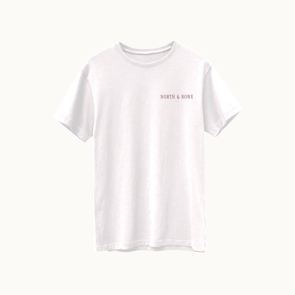 North & Rowe bone Supima cotton t-shirt with small chest logo on a dark background