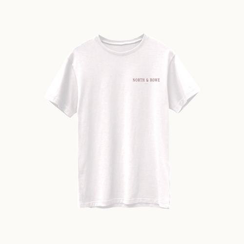 North & Rowe bone Supima cotton t-shirt with small chest logo on a dark background